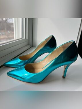 Emma Brandon Metallic Teal Pointed Toe High Heel Pumps 37 fits 6.5-7